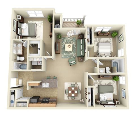 3 bedroom 2 bathroom floor plan at the Haven at Knob Creek Johnson City, TN